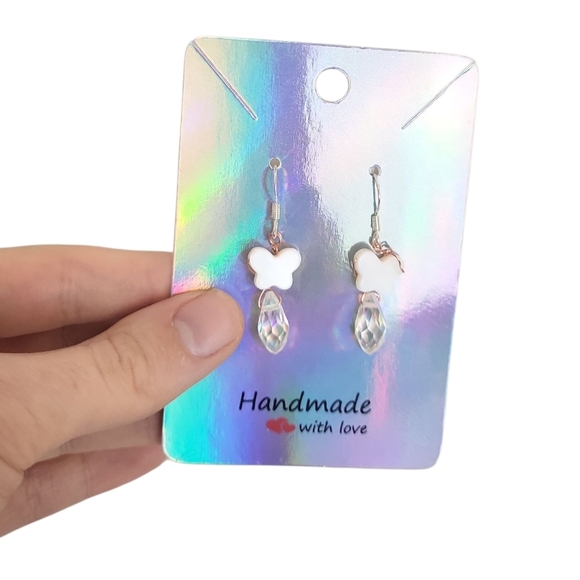 Hand Crafted Jewelry - Silver Plated Teardrop Shape Pendant AB Butterfly Mother Of Pearl Earrings